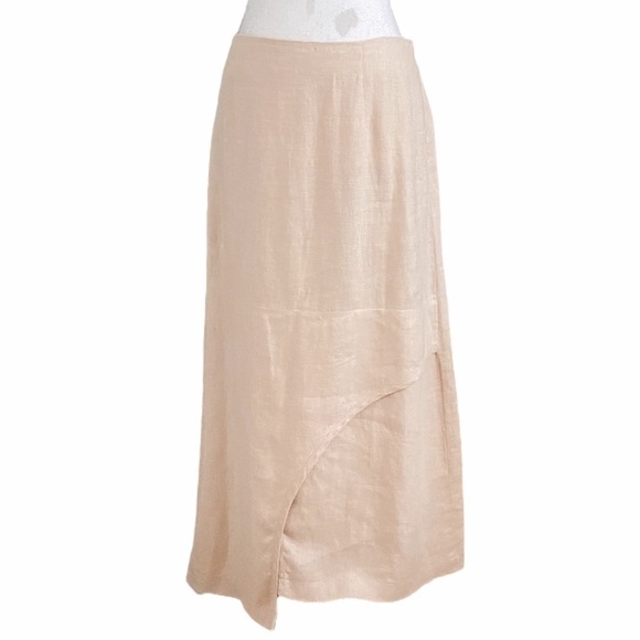 KOKOMARINA LINEN SOFT PINK FAUX WRAP CROSS OVER FRONT SLIT HIGH RISE MIDI SKIRT - Picture 2 of 11